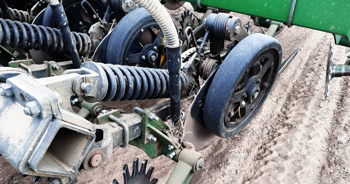 MudSmith spoked gauge wheel on air seeder